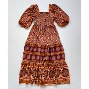 Vtg 90s Orange Puff Sleeve Boho Hippie Maxi Dress / XL / ME 2 MAGIC / India